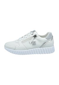 White low-top sneaker with side zipper, lace-up front, silver logo, and thick ribbed sole against white background.