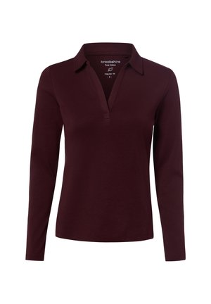 Polo a maniche lunghe color bordeaux scuro con colletto e piccola apertura a V, realizzata in puro cotone, vestibilità regular, taglia piccola.