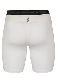 Pantaloni sportivi bianchi realizzati in tessuto elastico. Presentano una vita nera con il logo "hummel" e un design a chevron. Texture liscia, taglio fino al ginocchio.