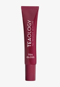 Tubetto bordeaux di lucidalabbra con finitura lucida. Presenta un tappo a vite e un'etichetta con testo bianco: "TEAOLOGY TEA GLOSS."