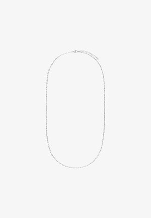 Zilveren ketting met een ovale vorm, bestaande uit aaneengeschakelde ovale en ronde secties, afgewerkt met een haaksluiting.