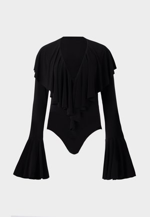 Norma Kamali LONG SLEEVE DEEP V RUFFLE BODYSUIT - Long sleeved top - black