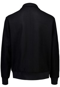 Zwarte, lichte trui-jack met een kraag, ribbelmanchetten en een ribbelboord. Gladde textuur met een strakke, minimalistische uitstraling. Achteraanzicht weergegeven.