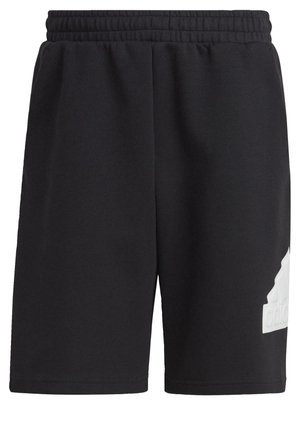 Pantalones cortos de algodón negros con una cinturilla elástica, con un gran logo blanco de Adidas en el muslo izquierdo y una textura suave.