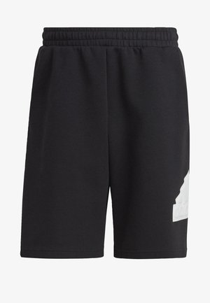 Pantalones cortos de algodón negros con una cinturilla elástica, con un gran logo blanco de Adidas en el muslo izquierdo y una textura suave.