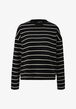 Czarnobiały sweter w paski z okrągłym dekoltem, długimi rękawami i miękką, teksturowaną tkaniną. Konstrukcja z opuszczonymi ramionami dodaje głębi.
