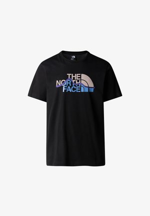 Schwarzes Baumwoll-T-Shirt mit dem Logo "The North Face" in Beige, Lila und Blau. Kurze Ärmel und Rundhalsausschnitt.