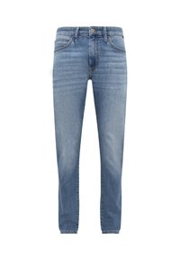 Hellblaue Jeans aus Denim mit geradem Schnitt, Fünf-Taschen-Design, Knopfverschluss und dezentem Verblassen. Die Nähte heben sich vom Stoff ab.