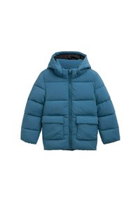 Teal puffer jacket with a hood, featuring a zippered front, two large front pockets, and a quilted design for insulation.
