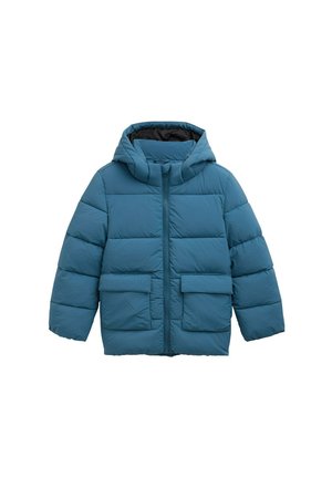 Türkise Pufferjacke mit Kapuze, ausgestattet mit einem Reißverschluss, zwei großen Fronttaschen und einem gesteppten Design für Isolierung.