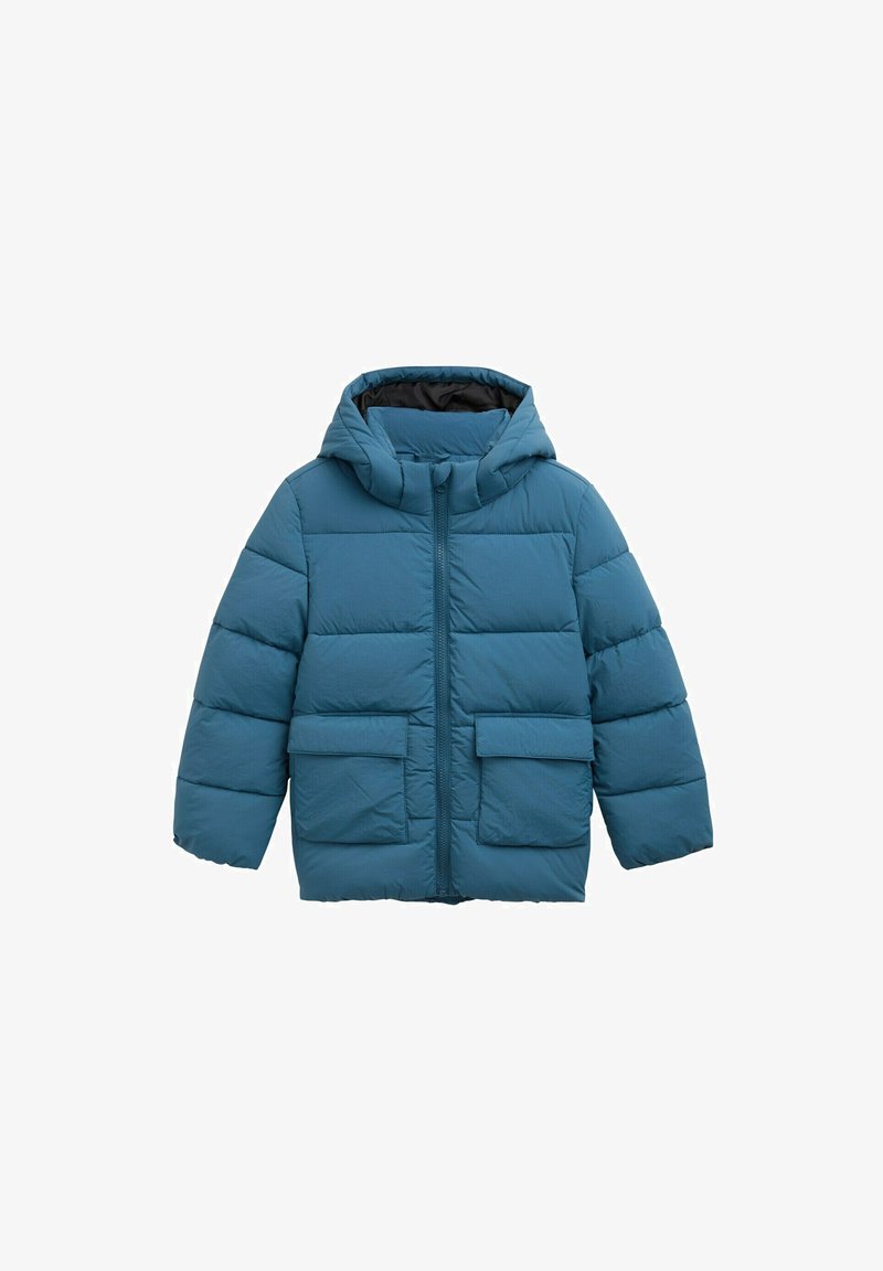 Teal puffer jacket with a hood, featuring a zippered front, two large front pockets, and a quilted design for insulation.