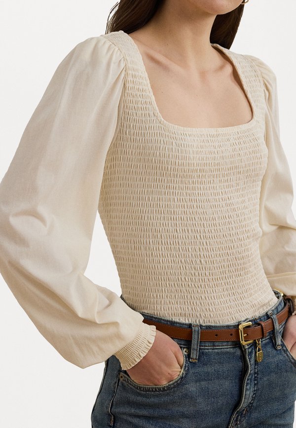 SMOCKED JERSEY BLOUSON SLEEVE TOP - Long sleeved top - mascarpone cream3