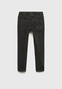 Svarta denimjoggers med platt elastisk midja, två bakfickor och sömnadsdetaljer. Slät textur, tapered bendesign.
