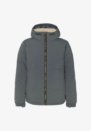 Giacca invernale imbottita grigio-blu con cappuccio, cerniera frontale e fodera in pile visibile all'interno del cappuccio.