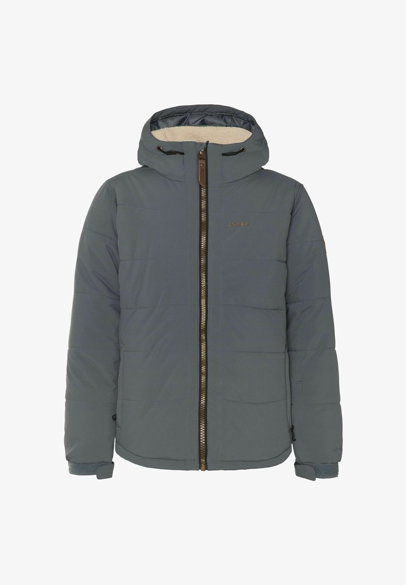 Veste d'hiver matelassée bleu-gris avec capuche, fermeture éclair frontale et doublure polaire visible à l'intérieur de la capuche.
