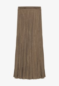 Plisovaná dlouhá sukně v tlumené hnědé barvě, vyrobená z texturované látky se hladkým pasem pro pohodlí. Jednoduchý, elegantní design bez ozdob.