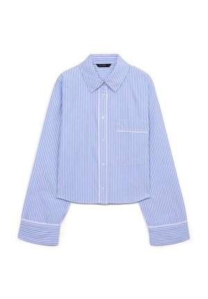 Blau-weißer gestreifter Button-Down-Hemd mit spitzem Kragen, langen Ärmeln und einer einzelnen Brusttasche mit weißer Einfassung. Kurz geschnittenes Design.