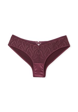 Burgunderrote Spitzenunterwäsche mit floralem Muster am Bund und satinartiger Haptik. Verfügt über einen glatten Stoffkörper und einen klassischen Schnitt.
