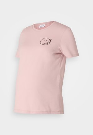 Rosa t-skjorte med korte ermer laget av myk stoff, med en svart brodert kattedesign på brystet. Klassisk rund hals og avslappet passform.