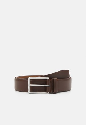 Brown leather belt with a smooth texture, featuring a silver metal buckle and contrast stitching on the edges.