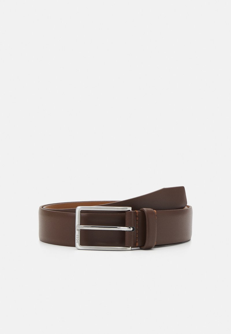Brown leather belt with a smooth texture, featuring a silver metal buckle and contrast stitching on the edges.