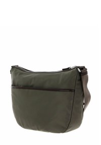 Borsa a tracolla di tessuto verde con una texture liscia, dotata di una chiusura con zip marrone scuro e una tasca esterna per ulteriore spazio di archiviazione.