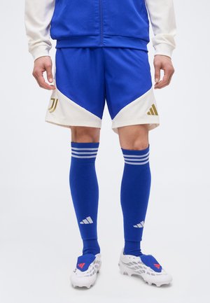 Mand iført blå og hvide sportsshorts, blå knæstrømper med striber og hvide fodboldstøvler med blå og røde detaljer, stående mod en hvid baggrund.