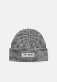 Berretto lavorato a maglia grigio con bordo ripiegato e un'etichetta rettangolare con la scritta "carhartt". Tessuto con texture a nido d'ape.