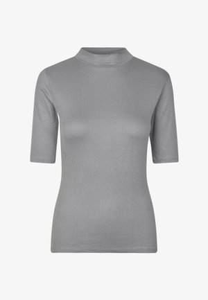 Halli ribidega T-särk kõrge kaelusega ja lühikeste varrukatega, millel on kinnine disain ja pehme, tekstuuriga kude.