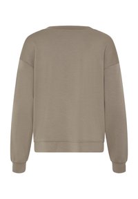 Sweat-shirt taupe à manches longues avec épaules tombantes, poignets côtelés et ourlet côtelé, montré de dos sur un fond blanc.