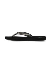 Zwarte flip-flops met een gestructureerde band voorzien van een kleurrijk, geweven patroon. Platte zool met een gladde afwerking, geschikt voor casual draagcomfort.
