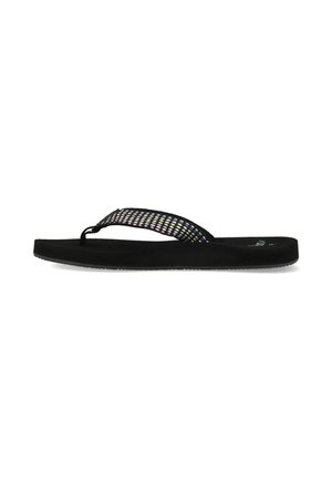 Zwarte flip-flops met een gestructureerde band voorzien van een kleurrijk, geweven patroon. Platte zool met een gladde afwerking, geschikt voor casual draagcomfort.