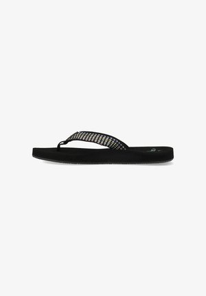 Zwarte flip-flops met een gestructureerde band voorzien van een kleurrijk, geweven patroon. Platte zool met een gladde afwerking, geschikt voor casual draagcomfort.