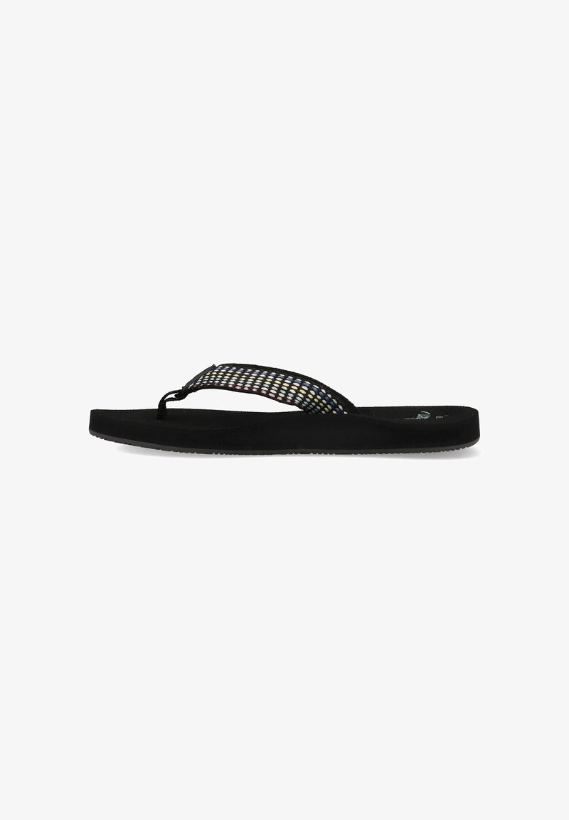 Black flip-flop with a textured strap featuring a colorful, woven pattern. Flat sole with a smooth finish, suitable for casual wear.