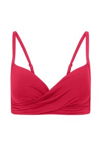 Rode bikinitop met dunne bandjes, met een wikkelontwerp en geplooid textuur aan de voorkant voor extra detail. Gladde stofafwerking.