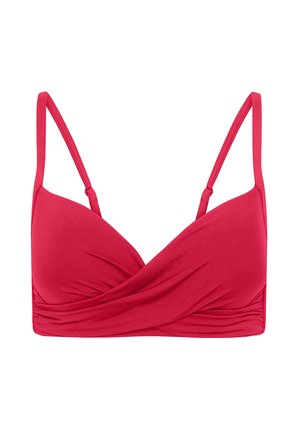 Roter Bikini-Oberteil mit dünnen Trägern, mit einem Wickeldesign und geraffter Textur an der Vorderseite für zusätzliche Details. Glatte Stoffoberfläche.
