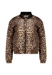 Bommenjack met luipaardprint, voorzien van een zwarte geribbelde kraag, een rits aan de voorkant en elastische manchetten en onderrand in bruine en beige tinten.