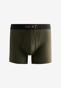 Temnozelene bokserice z črnim elastičnim pasom, na katerem je v zlati barvi logotip "NEXT". Mehka, gladka tkanina s prilegajočim se dizajnom.