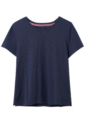 Mørkeblå T-shirt med korte ærmer, rund hals, subtil tekstur, sideslids og stribet detalje indeni kraven.