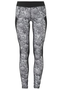 Legginsy w szarym abstrakcyjnym wzorze, z czarnymi akcentami, z wysokim stanem i elastycznym materiałem idealnym na odzież sportową. Posiadają wzmocnione szwy.