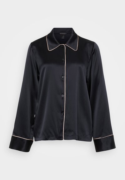 Black satin shirt with a collar, long sleeves, and pale pink piping along the collar and cuffs. Six button front closure. Smooth texture.