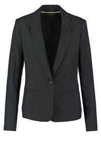Blazer noir en tissu lisse, doté d'une fermeture à un bouton, de revers pointus et de deux poches avant. La doublure intérieure est de couleur contrastante.