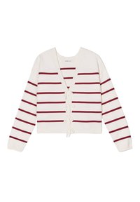 Cremfarbener Cardigan mit weinroten horizontalen Streifen, V-Ausschnitt, gerippten Bündchen und Kordelzugverschluss vorne. Strukturiertes Material.