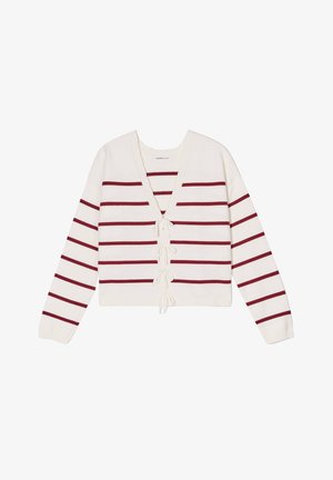 Crème-kleurige cardigan met bordeauxrode horizontale strepen, V-hals, geribde mouwen en trekkoordsluiting aan de voorkant. Getextureerde stof.