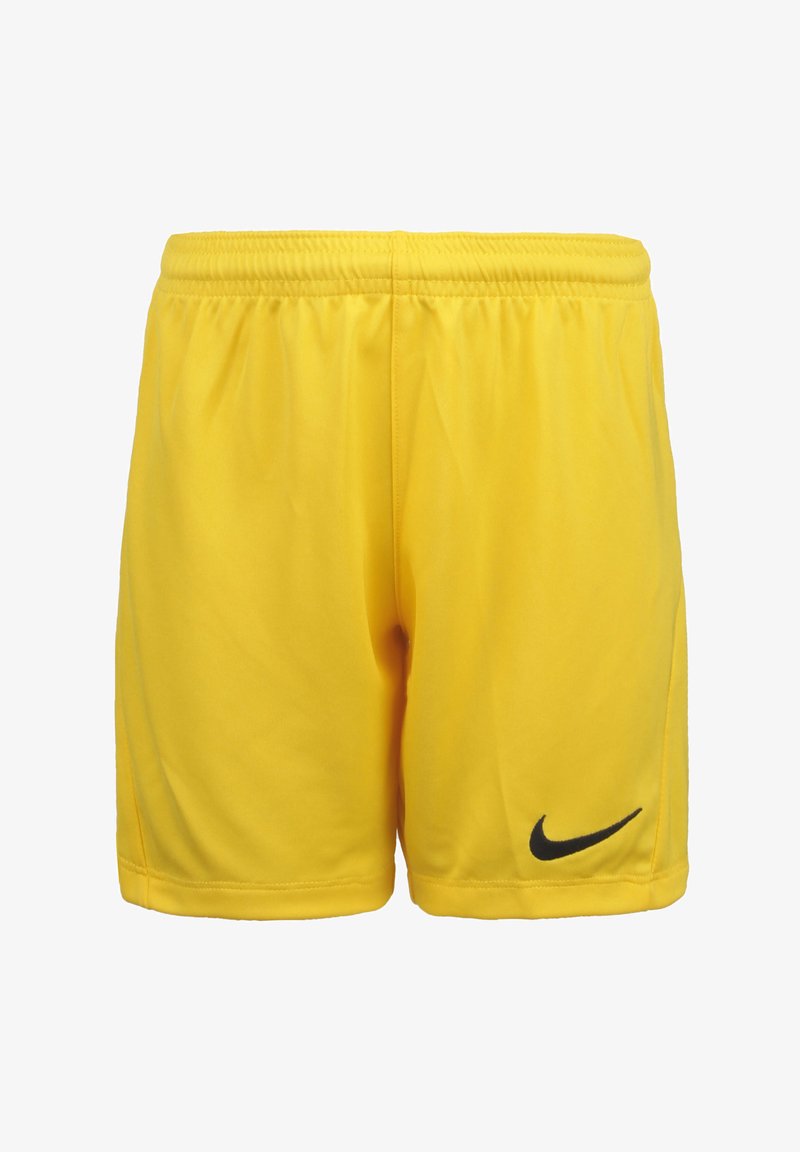 Pantalones cortos deportivos amarillos fabricados con material ligero, con una cinturilla elástica y un logo de Nike en negro en la parte inferior izquierda.