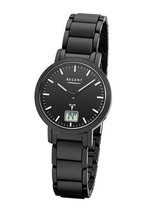 Montre-bracelet analogique-numérique noire avec bracelet à maillons métalliques, aiguilles blanches, nom de la marque "Regent" et petit affichage numérique de la température.