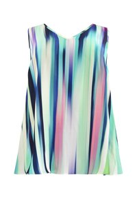Blusa senza maniche in tessuto leggero, con scollatura a V, caratterizzata da un motivo astratto colorato nei toni del blu, verde, rosa e bianco.