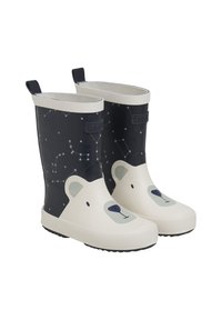 Des bottes de pluie en caoutchouc bleu marine présentent un motif d'ours polaire blanc et un motif de constellation d'étoiles, avec une texture lisse et des semelles plates.