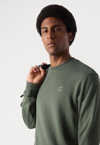 Oliven grøn sweatshirt lavet af bomuldsblanding, med ribbet rund halsudskæring, lange ærmer og et lille logo-patch på brystet.