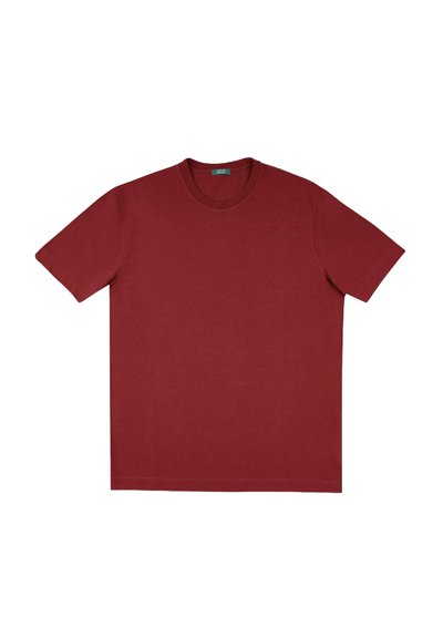 T-shirt in cotone bordeaux con maniche corte, collo rotondo e una texture liscia. Design semplice, senza motivi o accenti visibili.